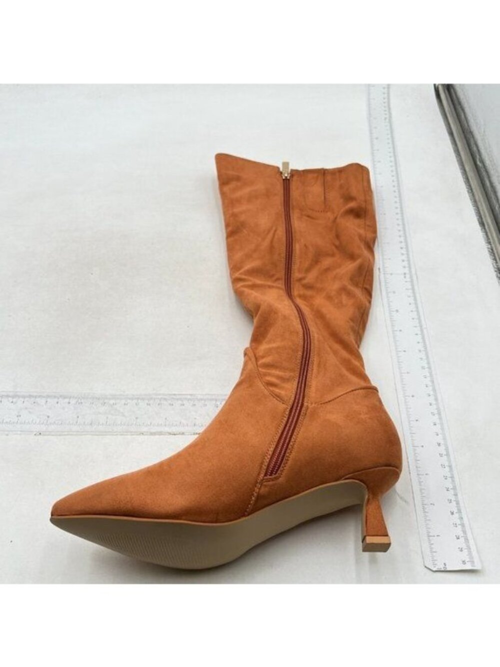 Knee High Boots Kitten Low Heel Faux Leather Pointed Toe Side Zipper Orange